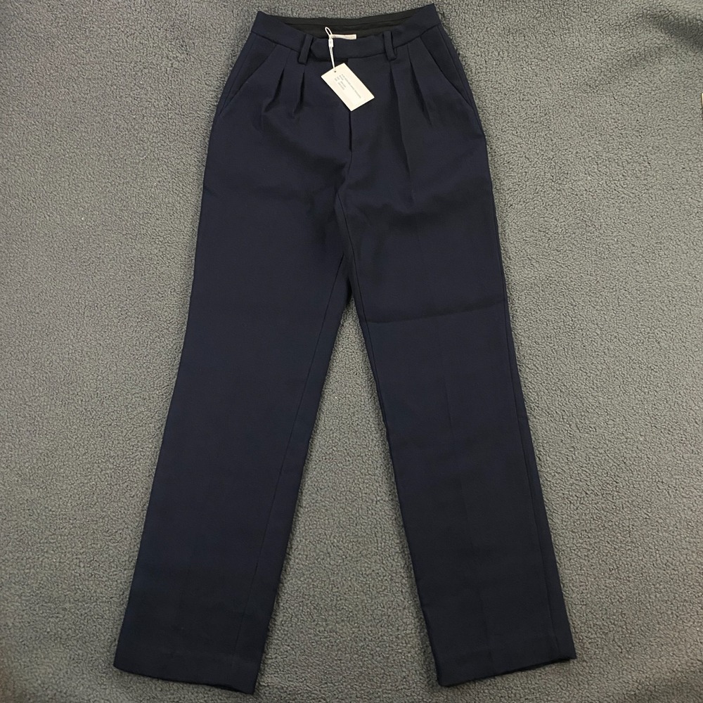 Anine Bing‎ James Trouser Pants size 26x32 High Rise Pleated Wool Navy NWT